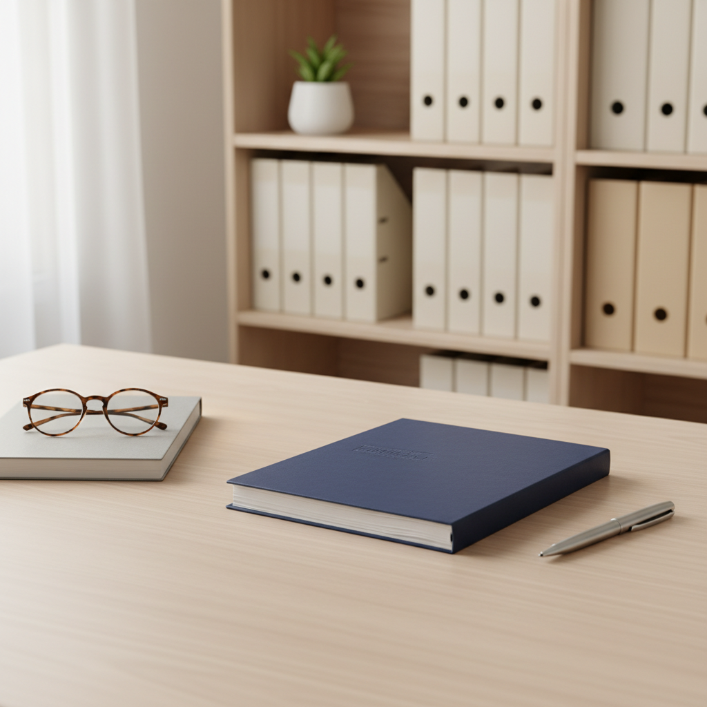 A close-up, photographic scene of a wooden desk in a psychologist’s office, meticulously organized and free of people. A light ash-wood surface holds a closed, navy-blue hardbound case file, a silver pen aligned precisely beside it, and a pair of reading glasses resting on a soft gray notepad. In the background, slightly out of focus, a bookshelf with neatly arranged neutral-colored binders and a small potted plant suggests structured, confidential work. Soft diffused daylight from an unseen window washes over the scene, creating gentle reflections and subtle depth. Captured from a slightly elevated angle with shallow depth of field, the atmosphere feels professional, ethical, and trustworthy, emphasizing careful attention to detail in family psychology and mediation.