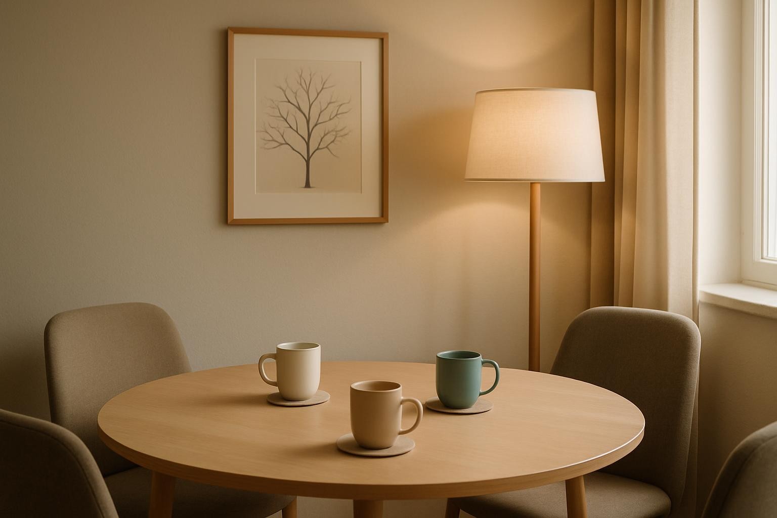 A serene consultation corner designed for family mediation, shown without any human presence. A round light-wood table stands in the center, with three different colored ceramic cups—white, sand, and muted teal—arranged equidistantly on simple coasters, symbolizing different family members. Behind the table, a neutral-toned wall features a minimalist framed illustration of a branching tree, echoing family connections. A tall floor lamp with a linen shade casts warm, diffused light, complemented by soft afternoon daylight from a side window, creating layered, gentle shadows. Photographic realism at eye level, composed with the table slightly off-center using the rule of thirds. The mood is calm, balanced, and supportive, conveying a safe space for conversation and conflict resolution in a family psychology practice.
